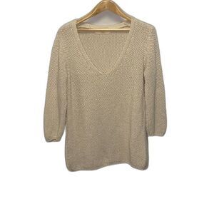 Zara Oatmeal Beige Shaker Knit Oversized V-neck 3/4 Sleeve Tunic Sweater Size M